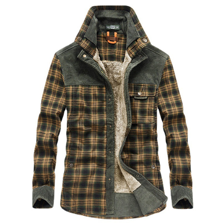 Herren Karo‑Hemdjacke mit Teddyfutter, Cord‑Schulterpasse und Multifunktionstaschen Drune
