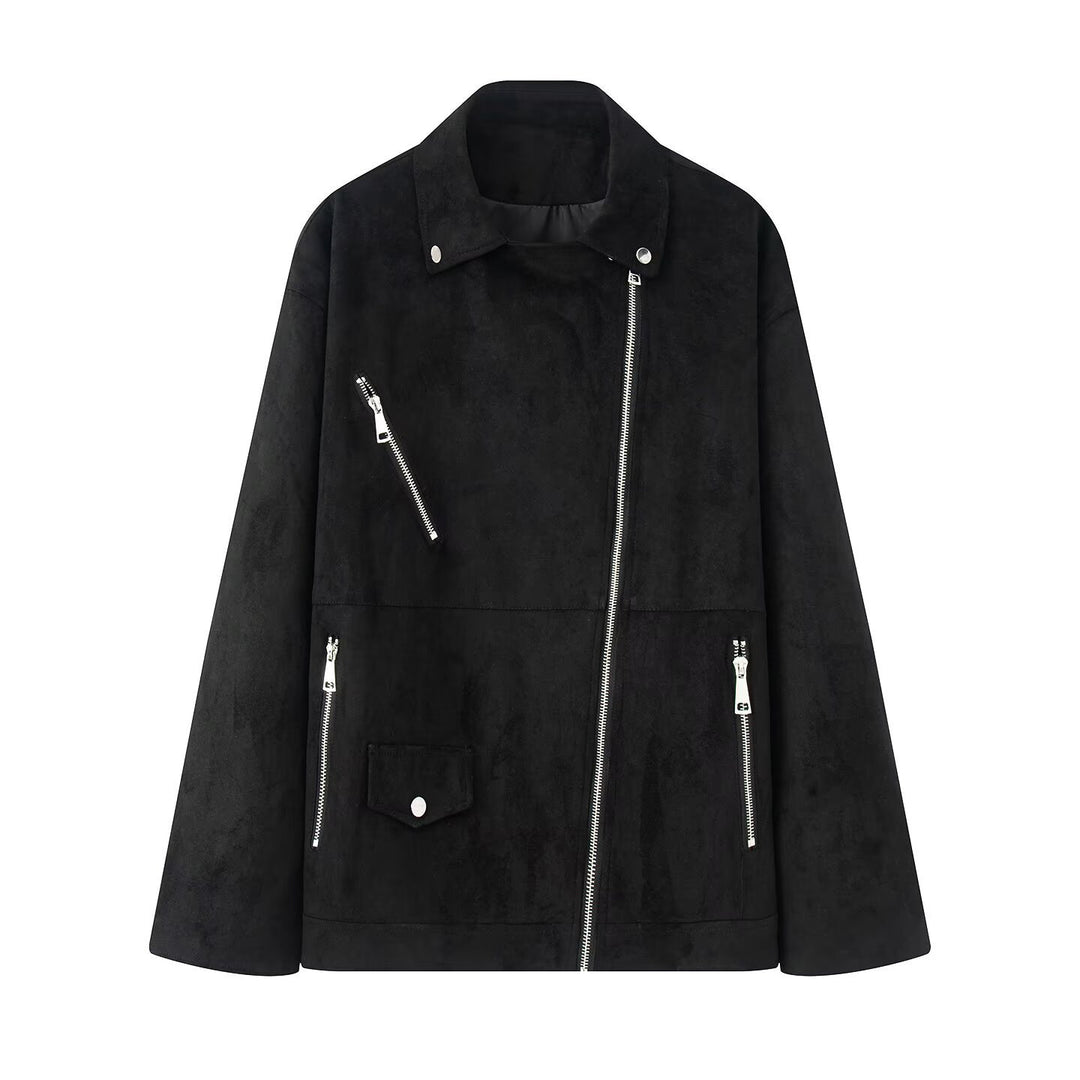 Damen nan lange Oversize-Bikerjacke in Veloursoptik mit diagonalem Reißverschluss und Mehrfachtaschen Drune
