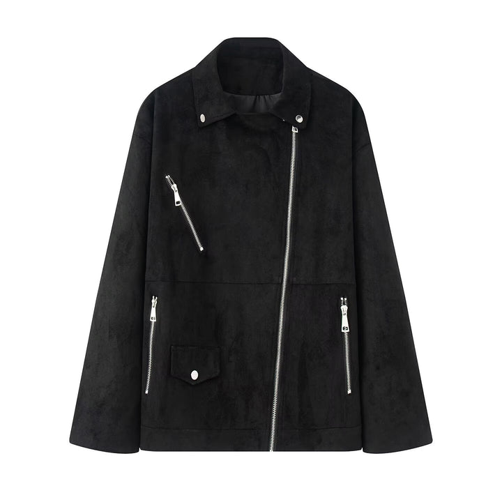Damen nan lange Oversize-Bikerjacke in Veloursoptik mit diagonalem Reißverschluss und Mehrfachtaschen Drune