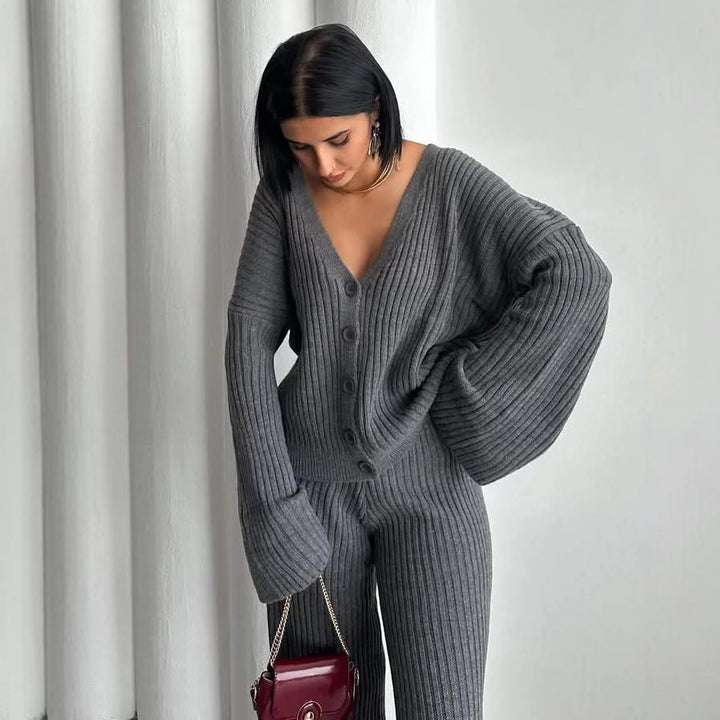 Damen Rippstrick-Cardigan mit überlangen Ärmeln und passender High-Waist-Loungehose Drune
