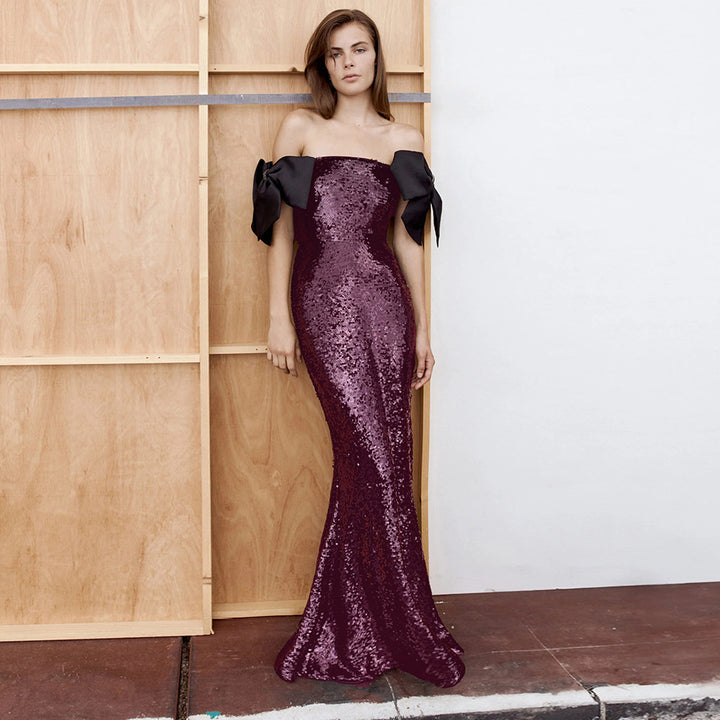 Damen Elegantes Pailletten-Maxikleid mit schulterfreiem Design und dekorativen Schleifen Drune
