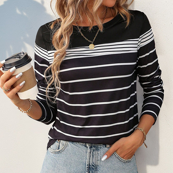 Damen Gestreiftes Langarmshirt mit Rundhalsausschnitt und kontrastiertem Yoke Drune