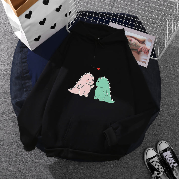 Damen nan Kapuzenpullover mit niedlicher Dinosaurierpärchen‑Illustration, Oversize‑Schnitt und Kängurutasche Drune