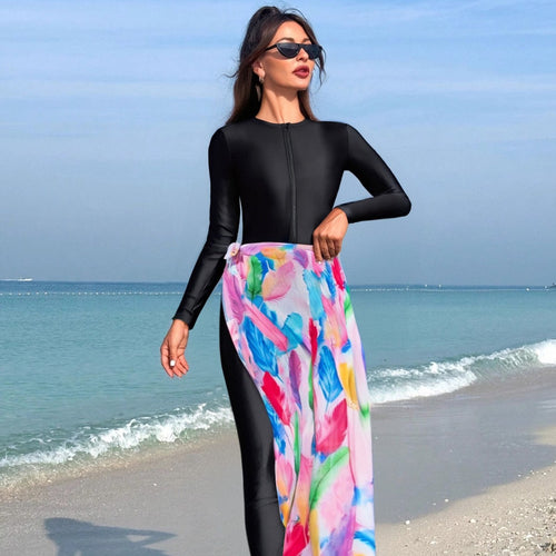 Damen modischer Schwimmanzug mit langem Arm und elegantem Wickelrock Drune