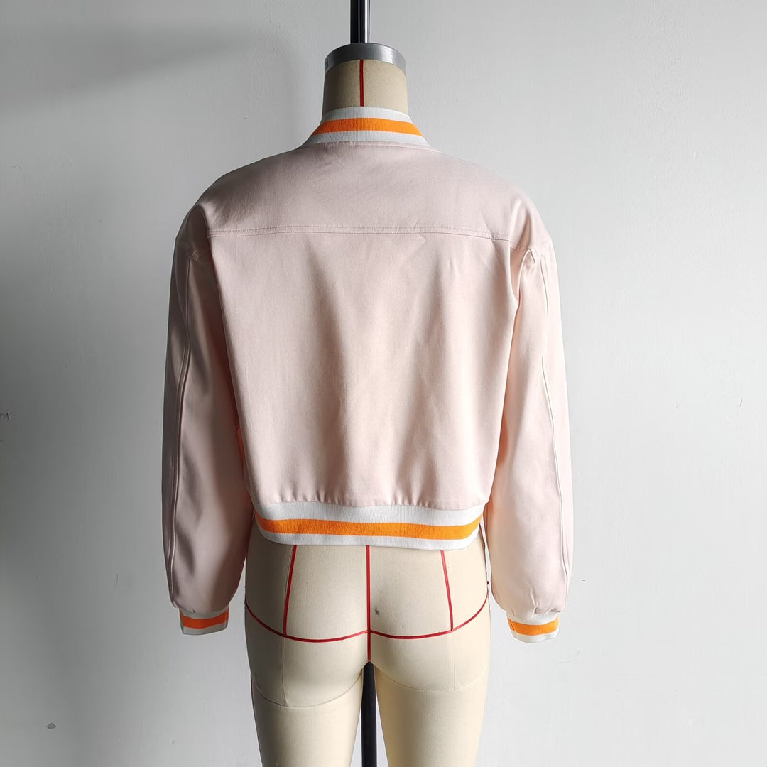 Damen nan cropped Blousonjacke mit Druckknopfleiste, gestreiften Rippbündchen und aufgesetzten Brustklappen Drune