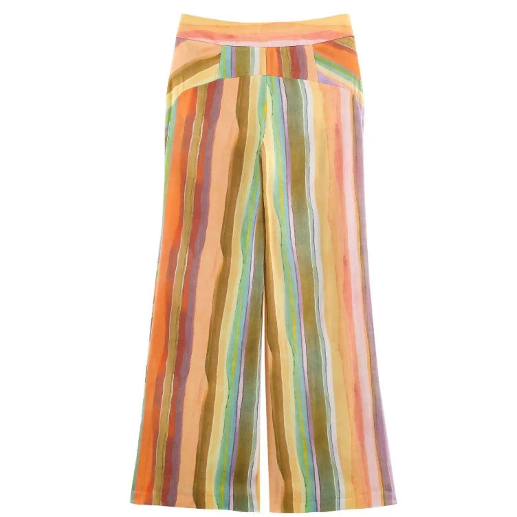 Damen Weite High‑Waist Leinenmix‑Palazzohose mit fließendem Streifenprint Drune