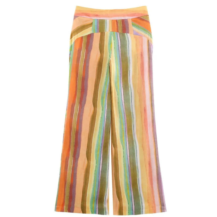 Damen Weite High‑Waist Leinenmix‑Palazzohose mit fließendem Streifenprint Drune