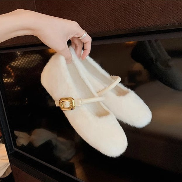 Damen Kuschelige Faux‑Fur Mary‑Jane‑Slipper mit gepolstertem Komfortfußbett und goldener Schnallenapplikation Drune