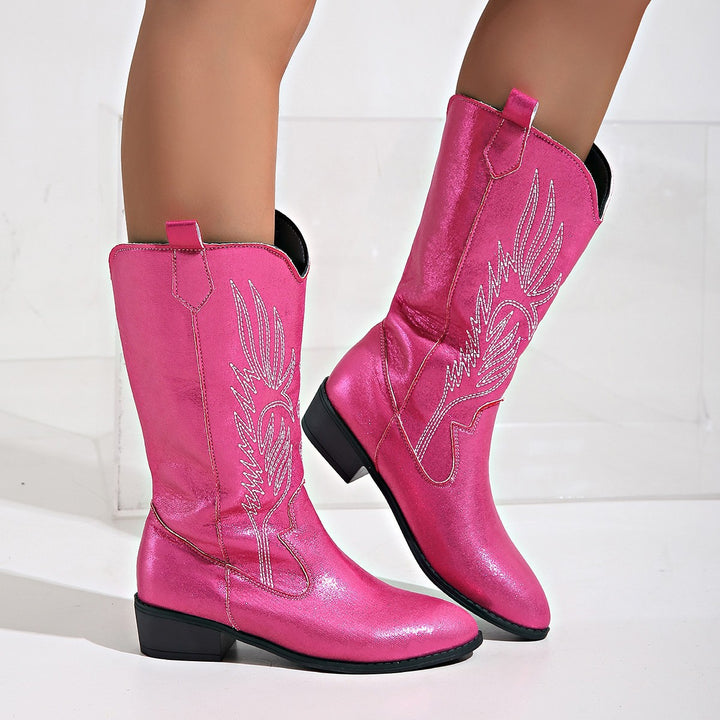 Damen Cowgirl-Kniehoher Stiefel mit dekorativer Stickerei, Pull‑Tabs und komfortablem Blockabsatz Drune