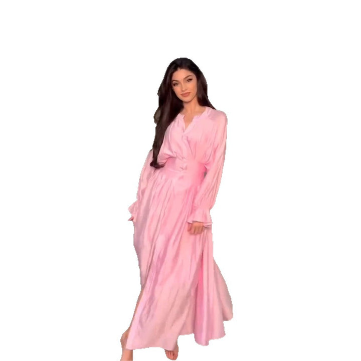 Damen Maxikleid aus Satin mit taillierter Raffung, Stehkragen und vorderem Schlitz Drune