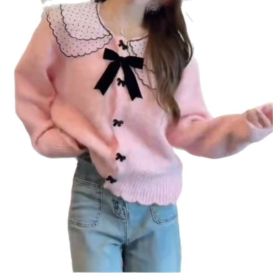Damen Strickjacke mit nostalgischem Kragen und Schleifenverzierung Drune