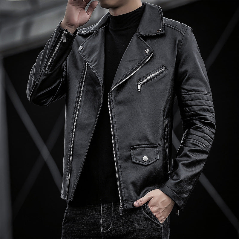 Herren schmal geschnittene Kunstleder-Motojacke mit gesteppter Schulter- und Ärmeldetail Drune