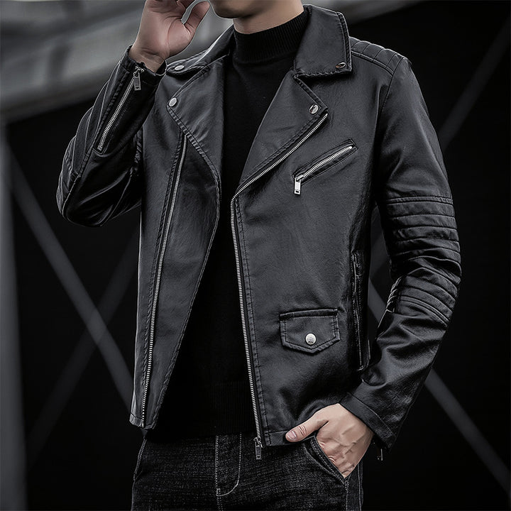 Herren schmal geschnittene Kunstleder-Motojacke mit gesteppter Schulter- und Ärmeldetail Drune