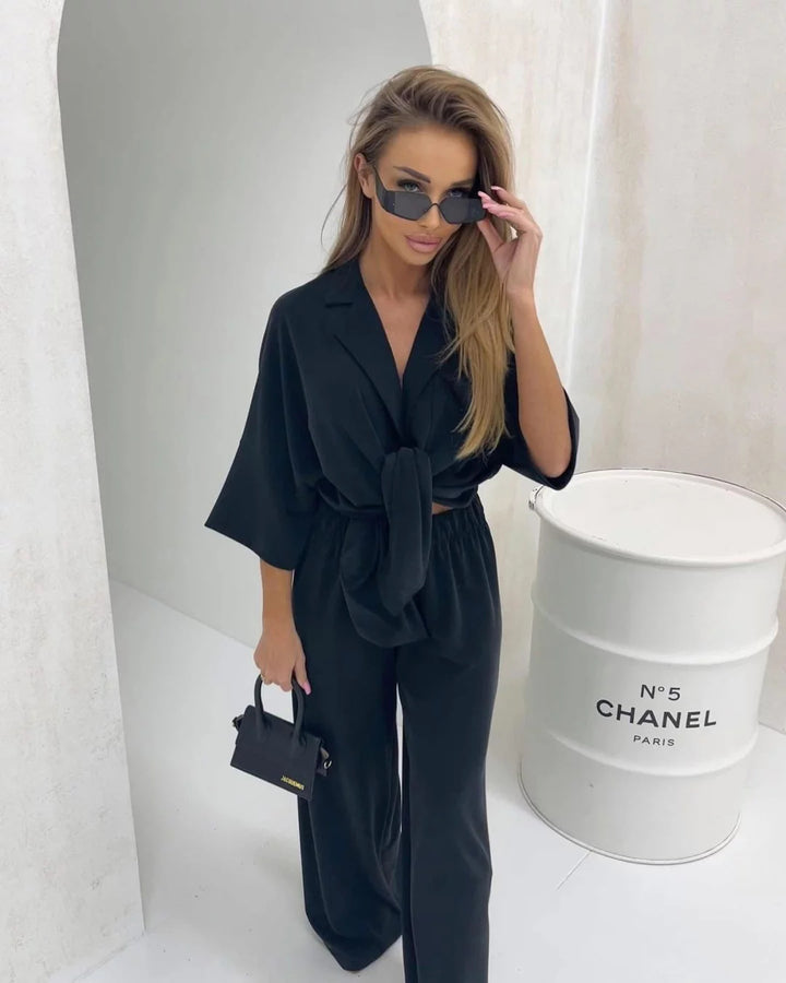 Damen lässiger Jumpsuit mit Bindegürtel und weit geschnittenen Beinen Drune
