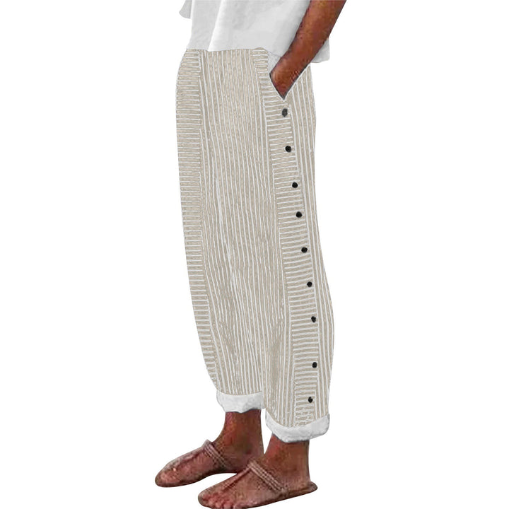 Damen Leichte Gestreifte Hose mit Seitlichen Knopfverschluss und Elastischem Bund Drune