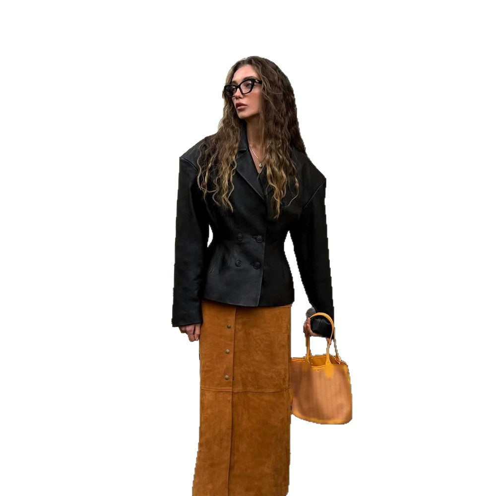 Damen Modischer Blazer-Bomber aus veganem Lederimitat mit doppeltreihiger Front Drune