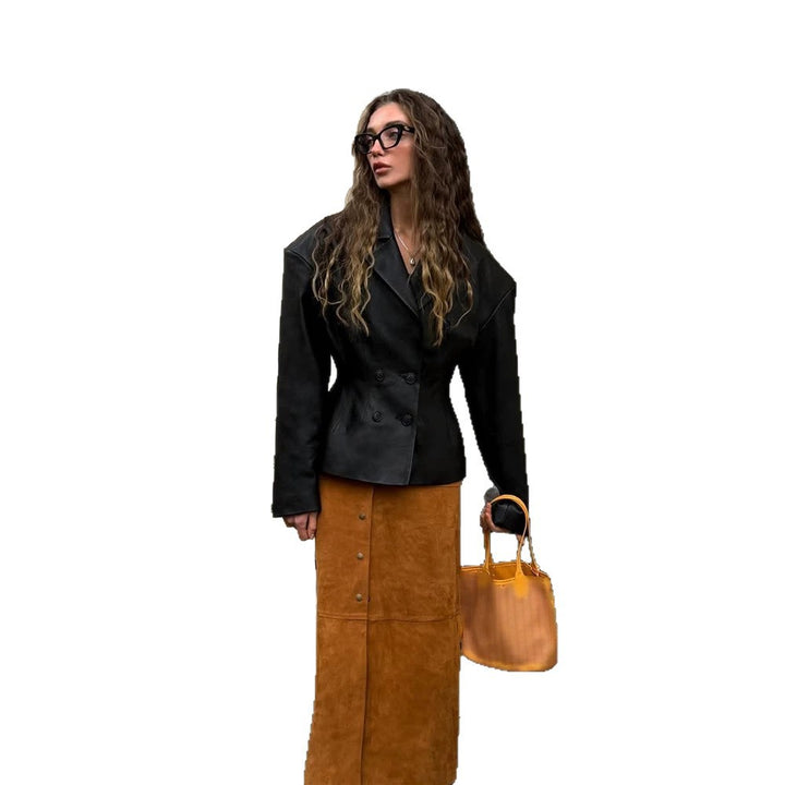 Damen Modischer Blazer-Bomber aus veganem Lederimitat mit doppeltreihiger Front Drune