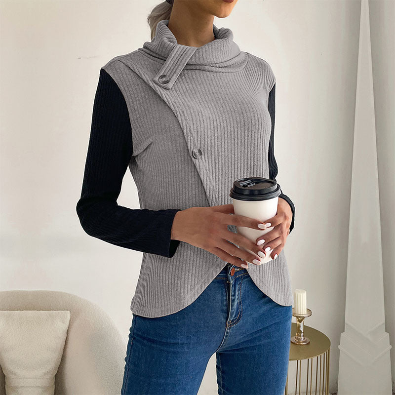 Damen Asymmetrisches Rippenstrick-Layering-Top mit Rollkragen und Zierknopfleiste Drune