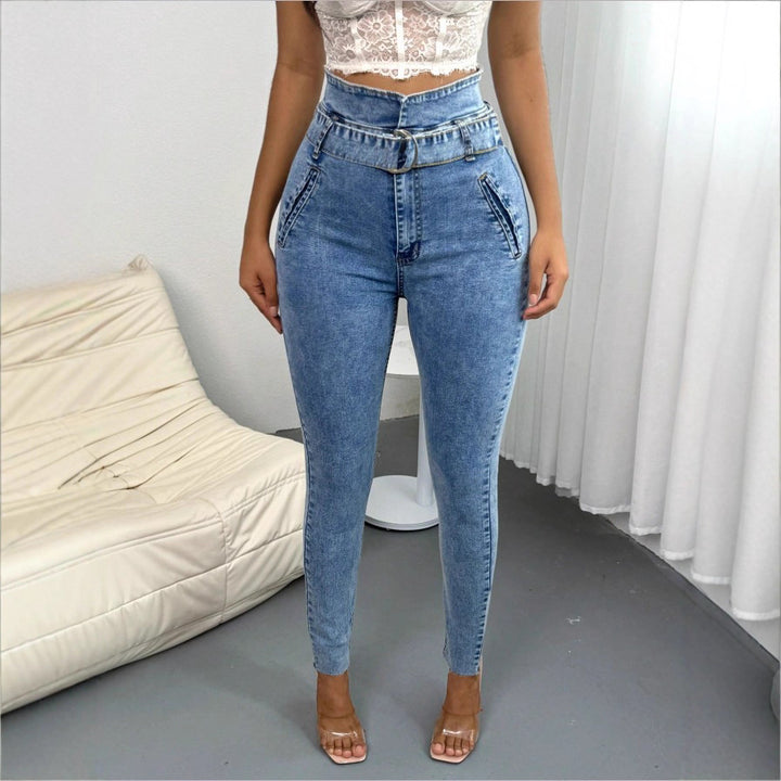 Damen Hochtaillierte Slim‑Skinny‑Jeans mit D‑Ring‑Gürtel und schrägen Eingrifftaschen Drune