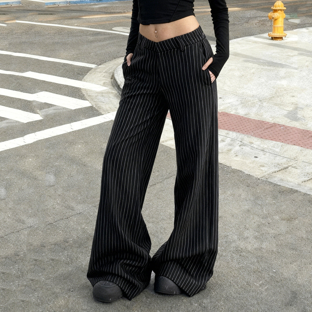 Damen weite Palazzo-Hose mit eleganten Streifen und hohem Bund Drune