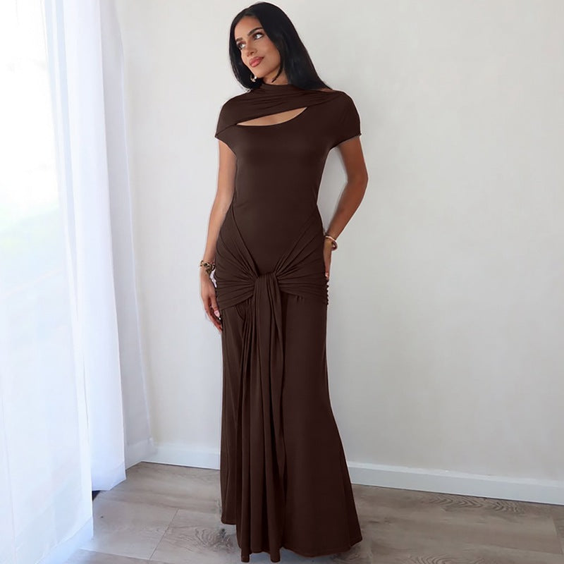 Damen Elegantes Langarm-Maxikleid mit raffiniertem Knotendesign Drune