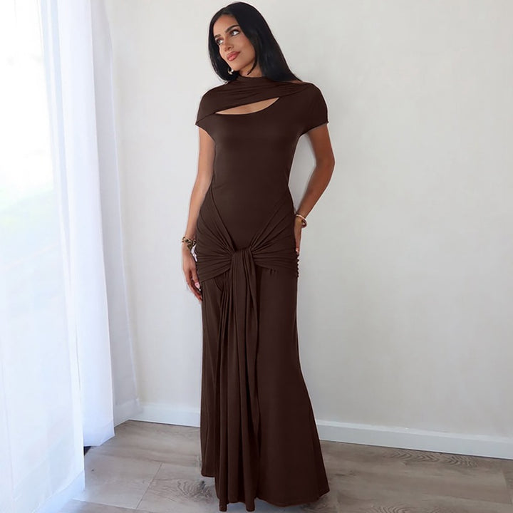 Damen Elegantes Langarm-Maxikleid mit raffiniertem Knotendesign Drune