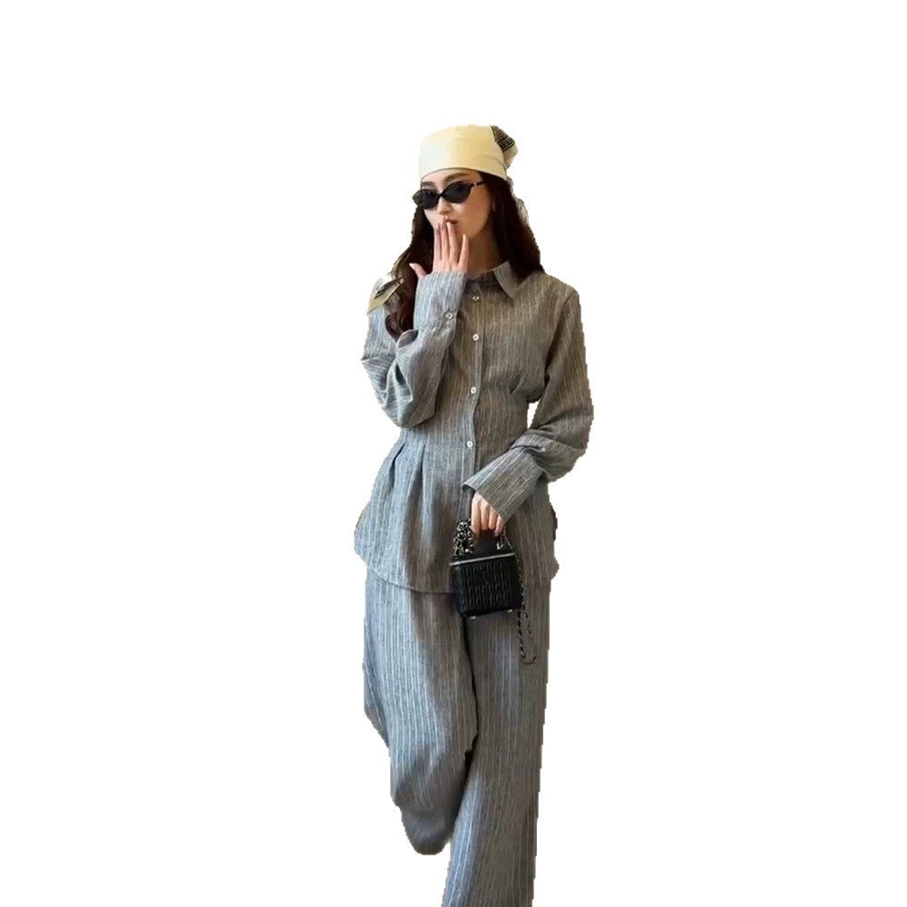 Damen Leichtes Leinen-Loungewear-Set mit Oversize-Hemd und weiter Bundhose Drune