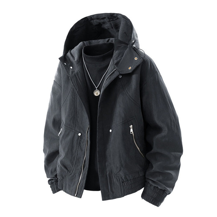 Herren leichte Utility-Kapuzenjacke mit verstaubarer Kapuze, wasserabweisender Beschichtung, Reißverschlusstaschen und elastischen Bündchen Drune
