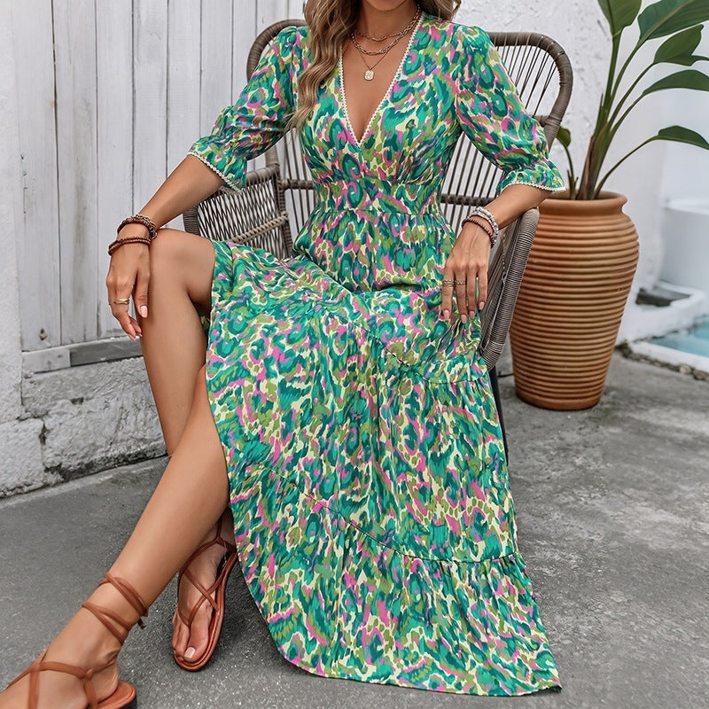 Damen Langes Maxikleid mit Rüschendetails und V-Ausschnitt Drune