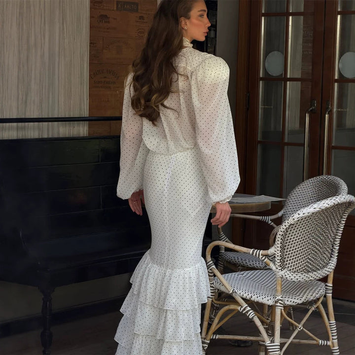 Damen Maxikleid aus Chiffon mit Wickeloberteil, Schluppe und gestuftem Volant‑Rock Drune