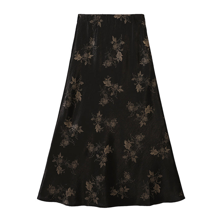 Damen nan taillenhoher A-Linien-Midirock aus jacquardähnischem Satin mit floralem Relief Drune