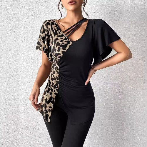 Damen nan asymmetrische Stretch-Tunika mit Leopardenprint-Seiteneinsatz und Mehrfachträgern Drune