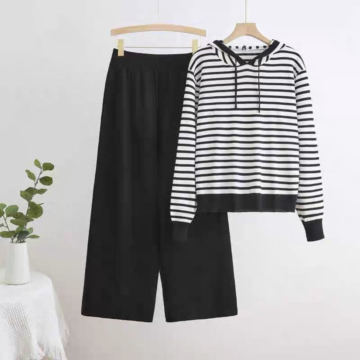Damen gestreiftes Freizeitset mit Kapuze und weitem Schnitt Drune