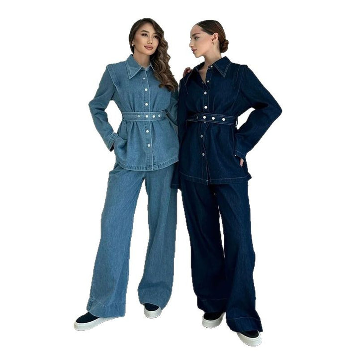 Damen modischer Jeansmantel mit tailliertem Gürtel Drune