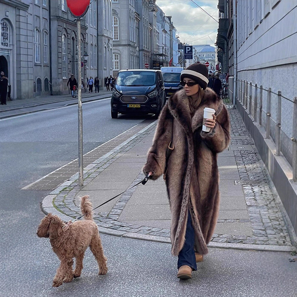 Damen Maxilanger Oversize Kunstfellmantel mit Vintage-Schnitt und weitem Reverskragen Drune