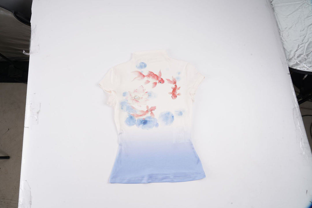 Damen Kurzarmshirt mit floralem Motiv und hochgeschlossenem Kragen Drune