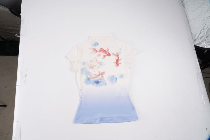 Damen Kurzarmshirt mit floralem Motiv und hochgeschlossenem Kragen Drune