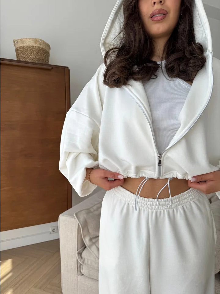 Damen kurzes Kapuzenzipper-Lounge-Set mit oversized Ärmeln und weitem Jogginghose-Schnitt Drune