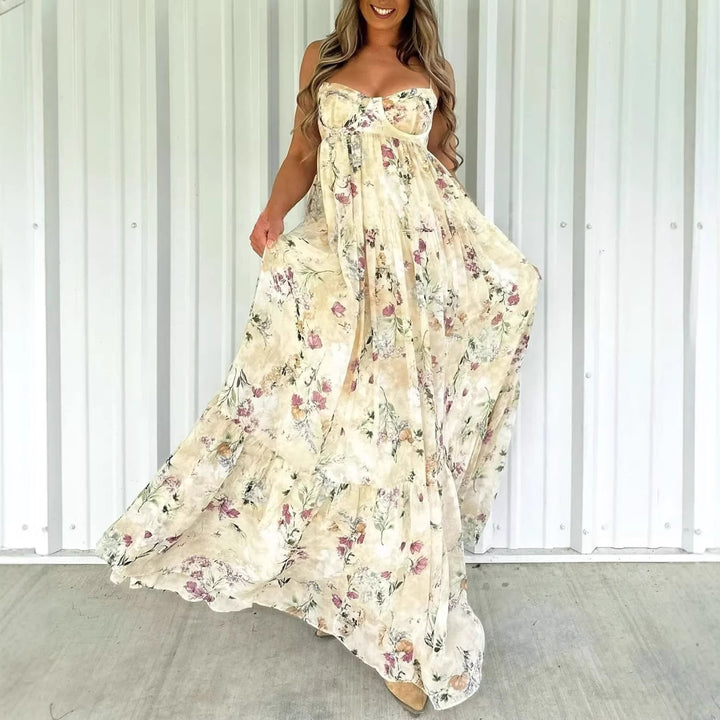 Damen nan trägerloses Korsagen-Maxikleid mit Herzausschnitt, gestuftem Volantrock und nostalgischem Toilemotiv Drune