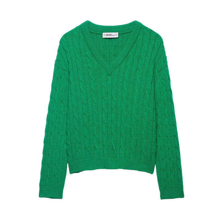 Damen Grobgestrickter Zopfstrick-Pullover mit V-Ausschnitt und kurzem Boxy-Schnitt Drune