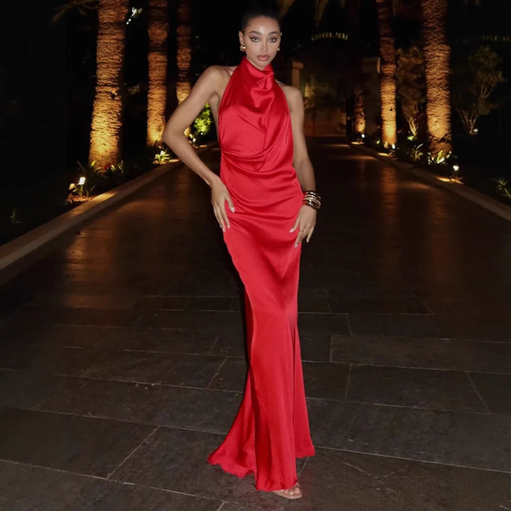 Damen Elegantes Maxi-Kleid mit hochwertigem Drapierungsdesign und schimmerndem Stoff Drune