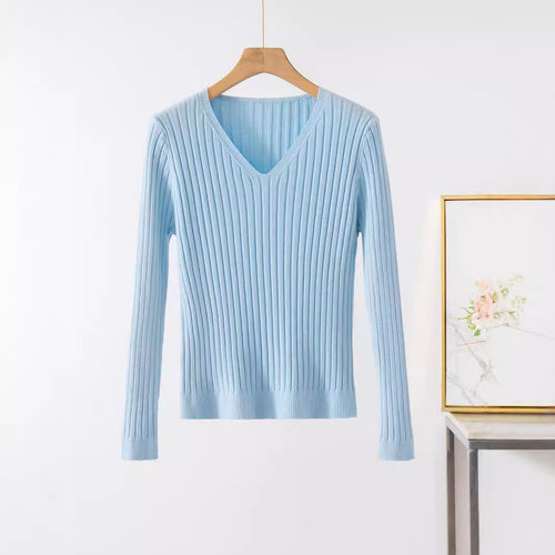 Damen Feines V-Ausschnitt Strickoberteil im Rippdesign Drune