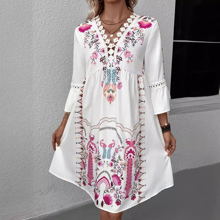 Damen Boho-Kleid mit Stickerei, Häkel-V-Ausschnitt und ausgestellter A-Linie Drune