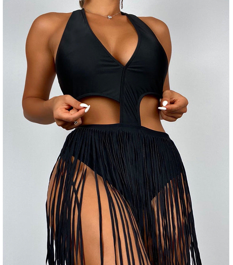 Damen Einteiler Badeanzug mit raffinierten Cut-Outs und modischen Fransen Drune