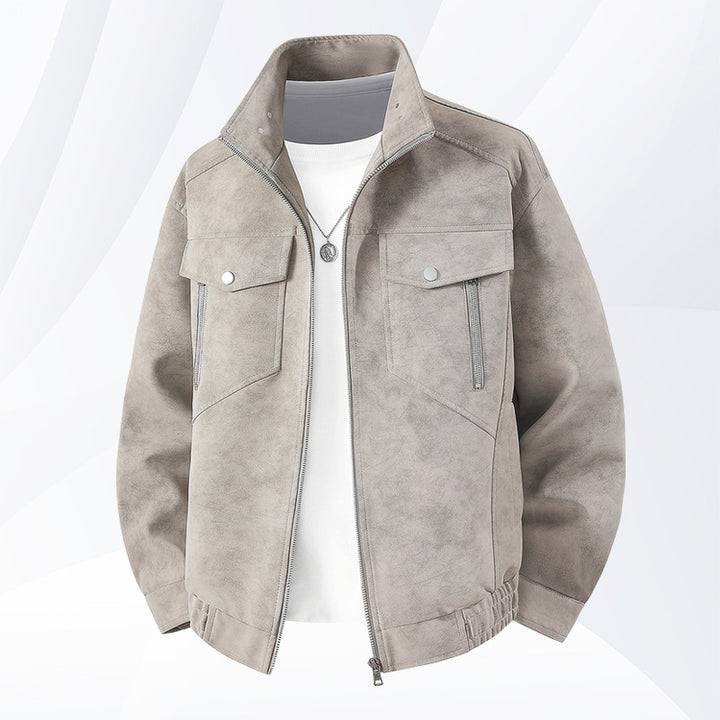 Herren  Faux-Suede Strukturierte Stehkragen-Zip-Jacke mit schrägen Brusttaschen Drune