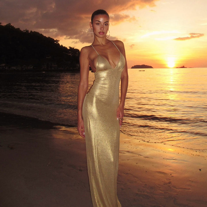 Damen Figurbetontes Maxikleid mit Spaghettiträgern und schimmernder Oberfläche Drune