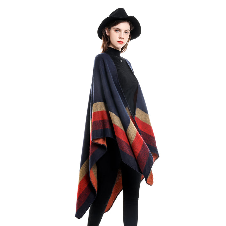 Damen Wolloptik-Poncho mit asymmetrischen Blockstreifen und Zierstichkante Drune