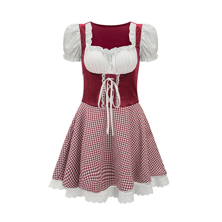 Damen nan bayerisch inspiriertes Mini-Dirndl mit geschnürtem Mieder, Puffärmeln und Vichykaro-Rock Drune