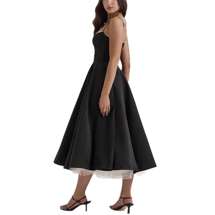 Damen nan tailliertes retro-inspiriertes Midikleid mit Korsage Unterbrustnähten Tellerrock und Eingrifftaschen Drune