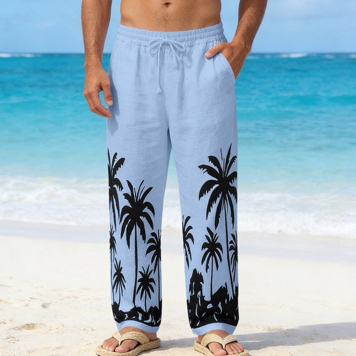 Herren Leinenoptik-Strandhose mit Palmenprint Relaxed-Fit und Kordelzug Drune